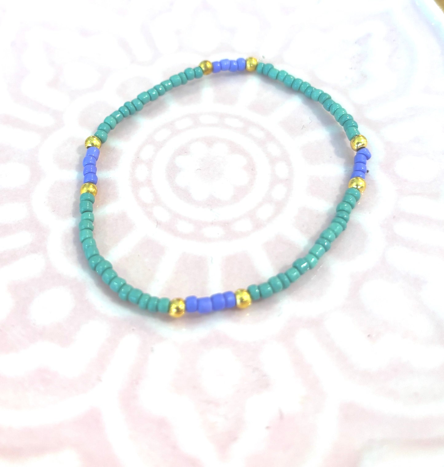 Storm 3 - Seed Bead Bracelet on elsatic- Sage, purple & gold