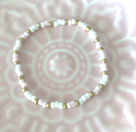 Sweetheart - White, Pink and Gold Beaded Bracelet on Elastic
