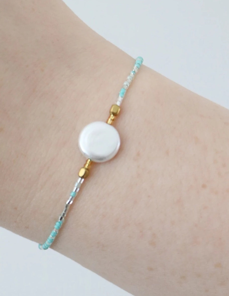 The Simple Collection - Flat Pearl & Turquoise Beaded Bracelet with adjustable cord