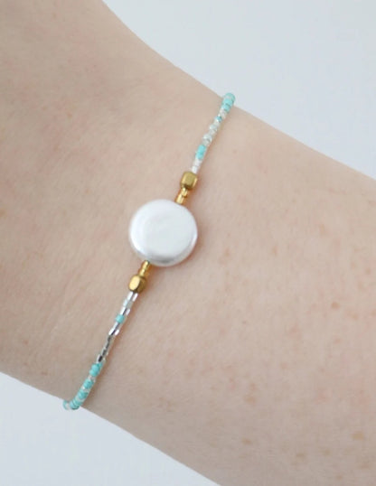 The Simple Collection - Flat Pearl & Turquoise Beaded Bracelet with adjustable cord