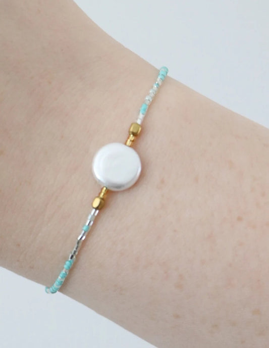 The Simple Collection - Flat Pearl & Turquoise Beaded Bracelet with adjustable cord