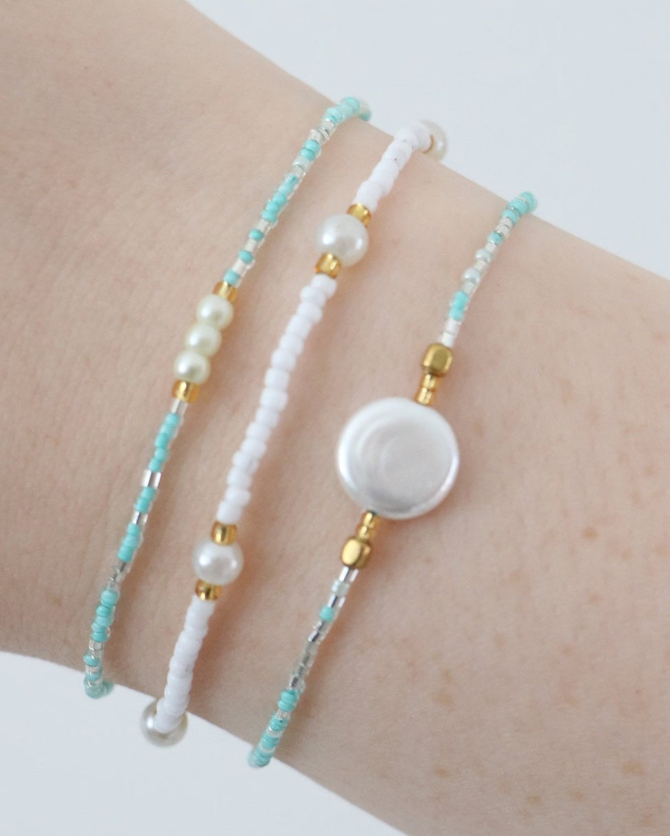 The Simple Collection - Flat Pearl & Turquoise Beaded Bracelet with adjustable cord