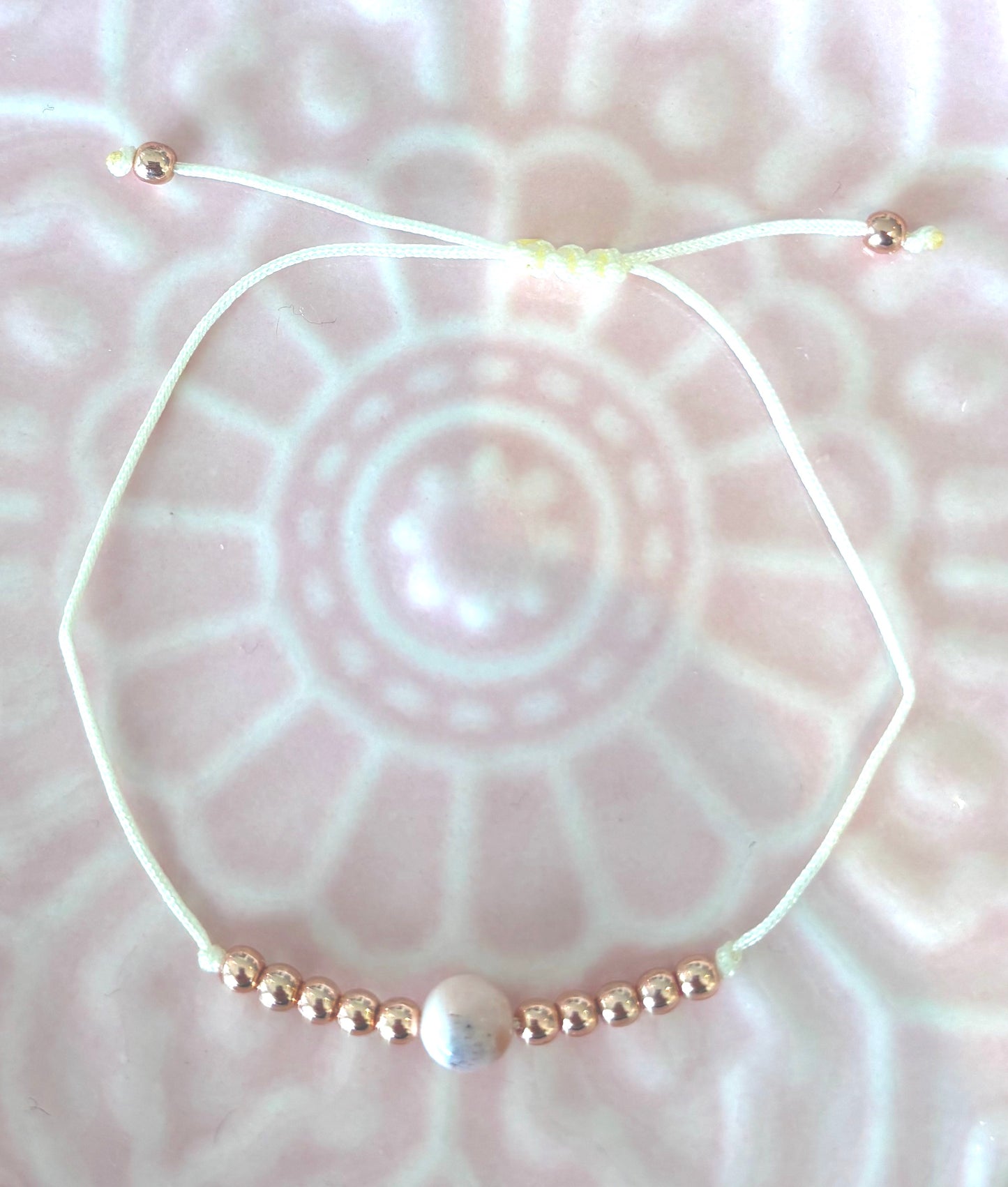 Krystal 3 - Pink Opal Crystal Bracelet with rose gold style beads and adjustable white cord