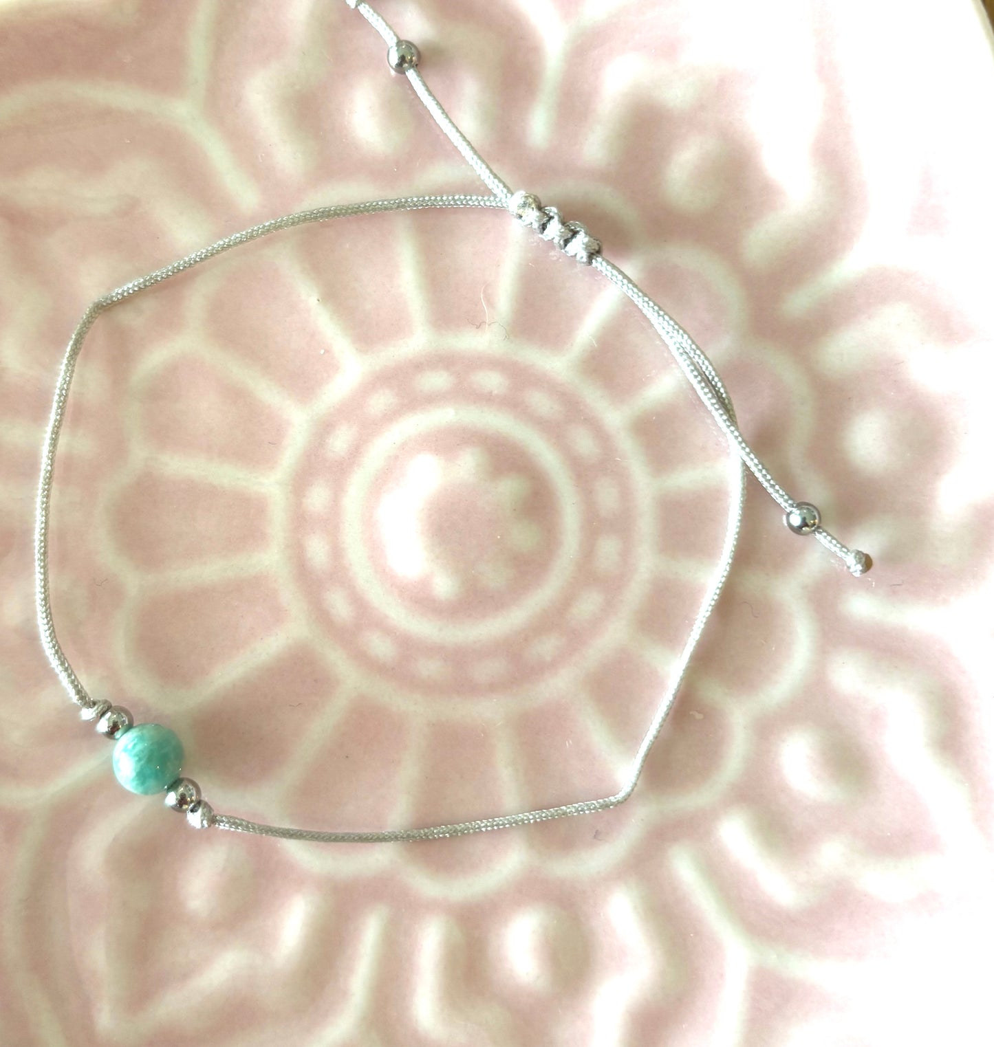 Krystal 5 - Amazonite Crystal on silver adjustable cord and small silver beads