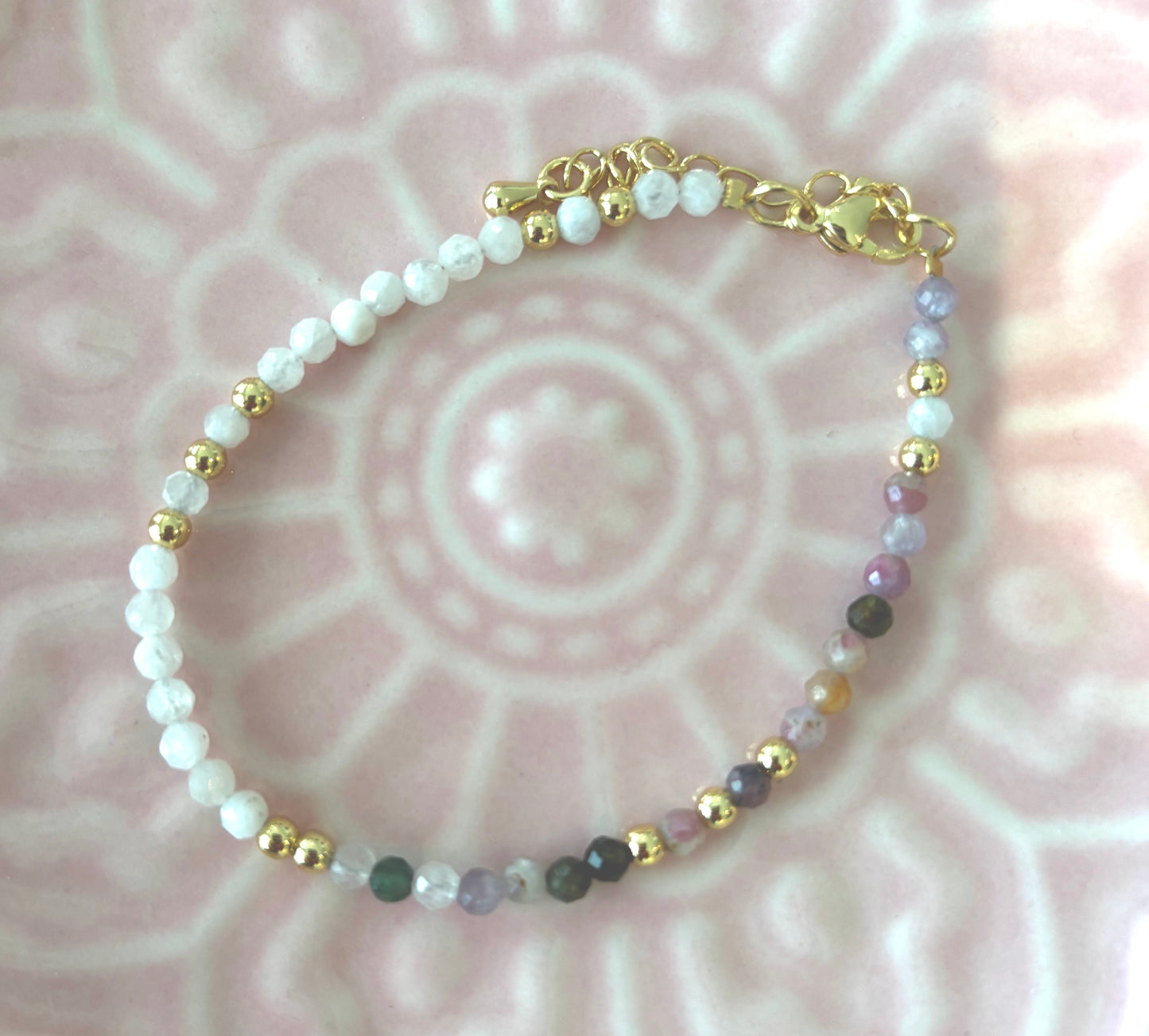 Spring - Tourmaline & Moonstone beaded bracelet with gold clasp