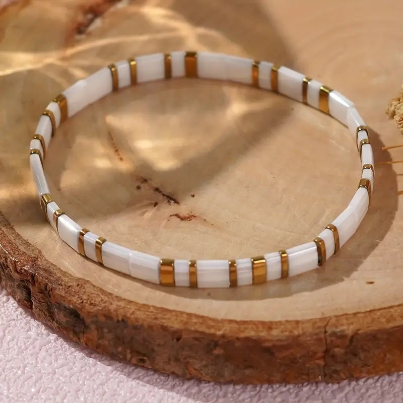 Zoe 2 - Glass Seed Tila Beaded Bracelet - White & Gold
