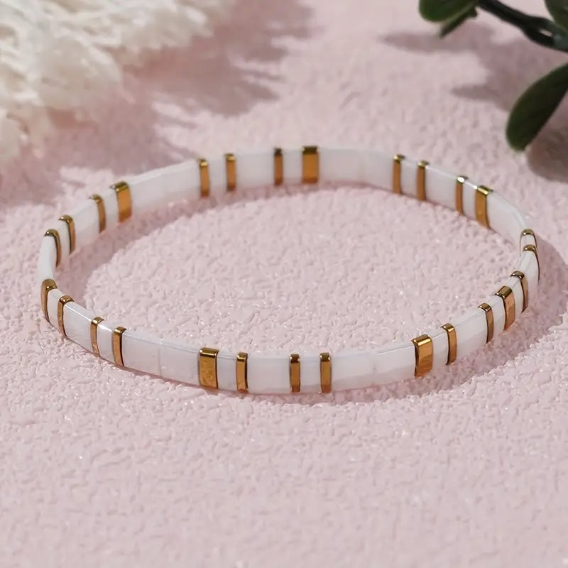 Zoe 2 - Glass Seed Tila Beaded Bracelet - White & Gold